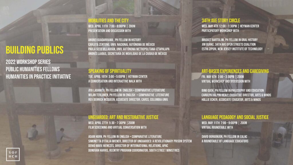A flyer for the Building Pubclis Workshop series lists dates of six workshops.